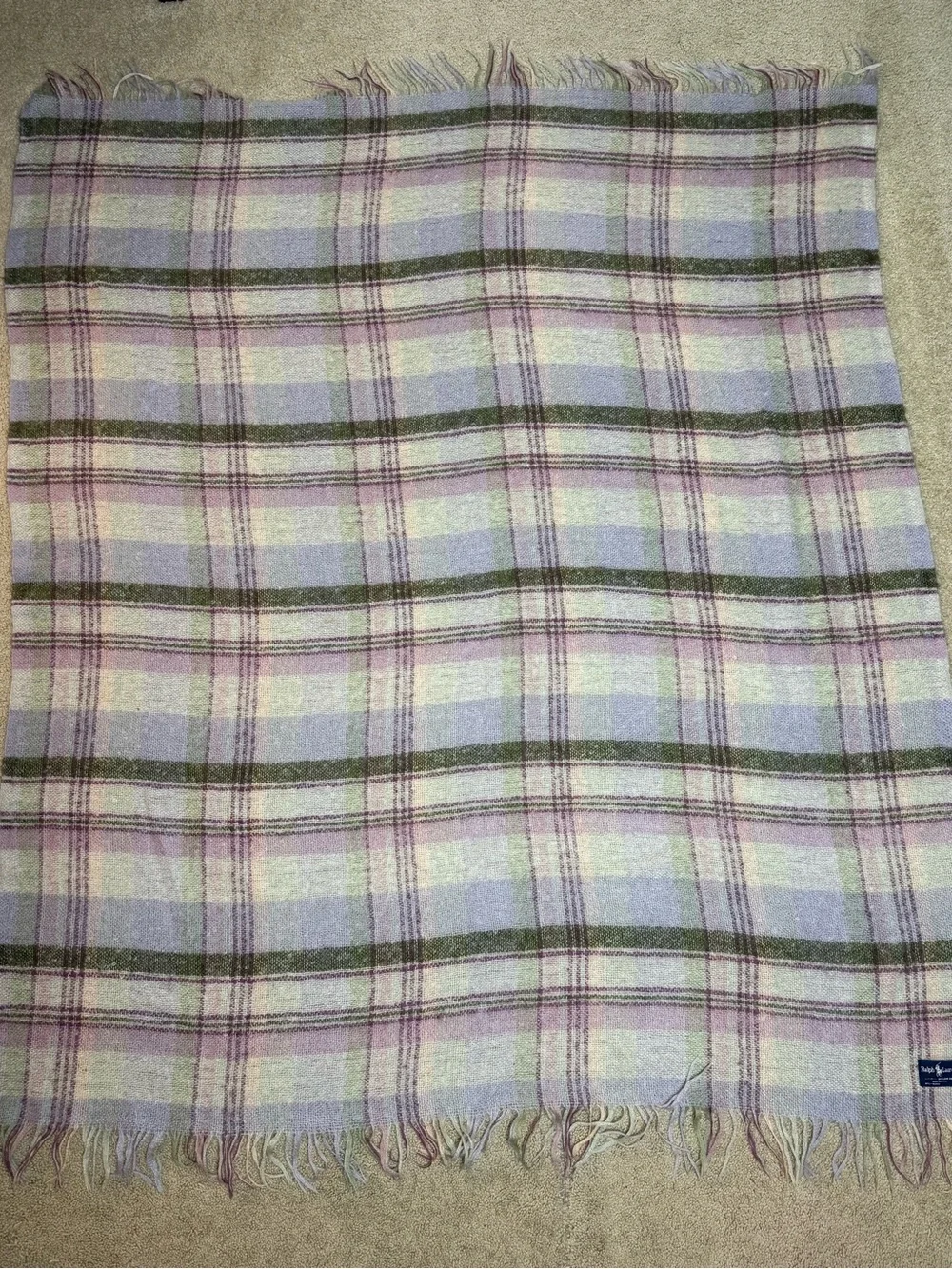 Vintage Ralph Lauren 100% Mohair Wool Plaid Throw Blanket 54x72 USA Made Fringe